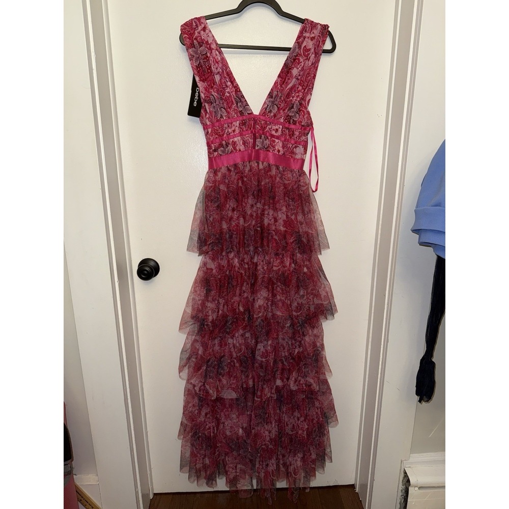 NWT Bebe Tiered High Low Mesh Maxi Dress Pink Floral Paisley Gown Size Small - Picture 3 of 10